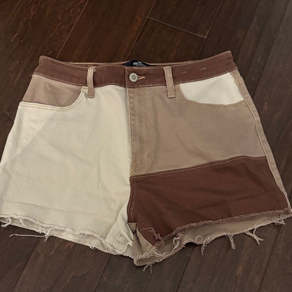 Hollister Patchwork Jean Shorts in Brown and Cream
